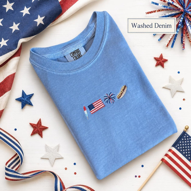 Adult Comfort Colors tee with small embroidered patriotic design