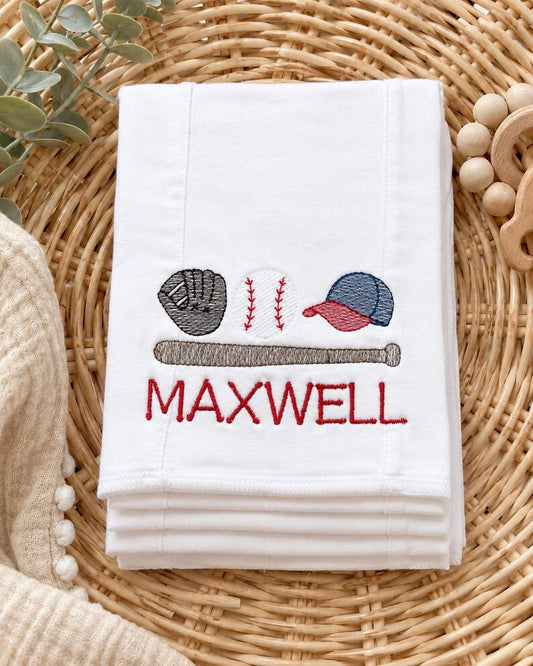 Baseball embroidered burp cloth detail