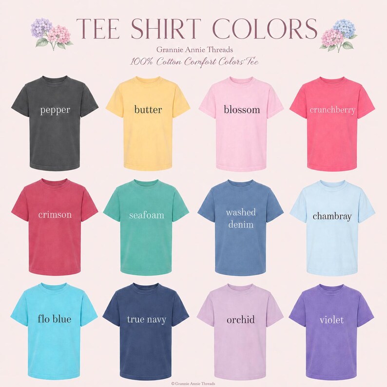 Comfort Colors tee color chart, twelve shades