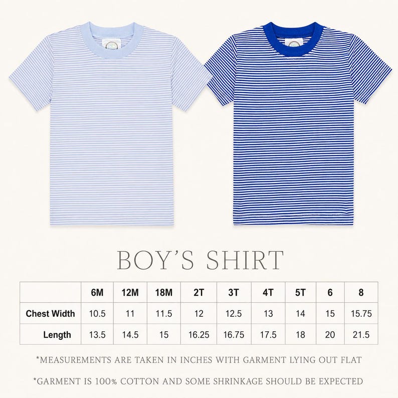 Light blue and royal blue striped shirts with size chart, sizes 6M to 8