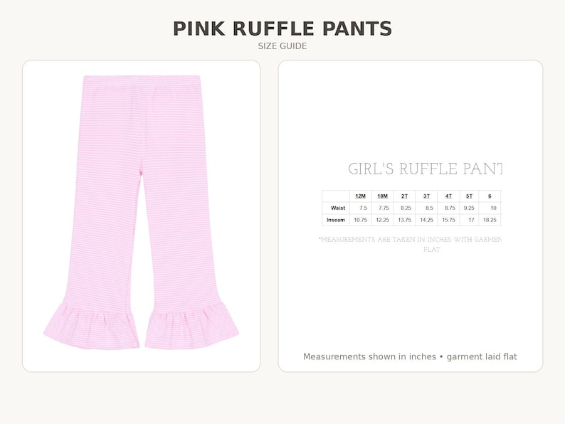 Pink ruffle pants size guide, sizes 12M to 6