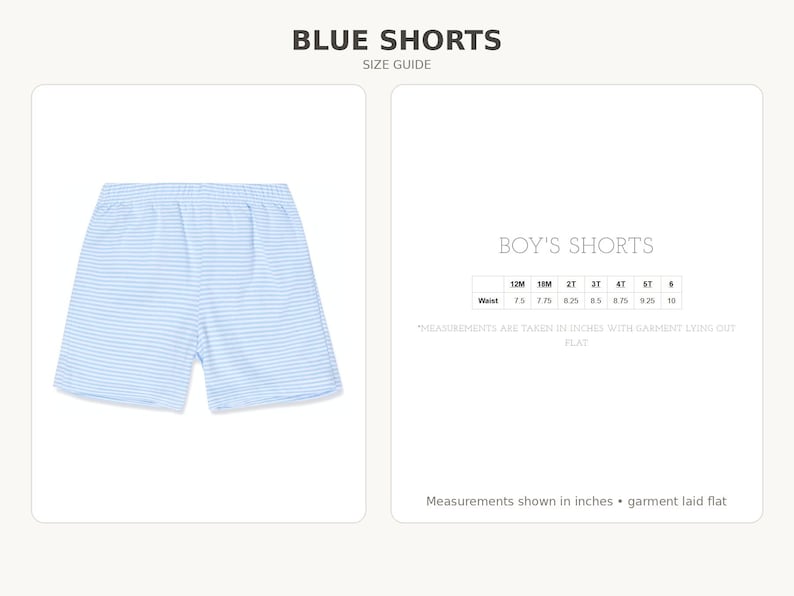 Blue striped shorts size guide, sizes 12M to 6