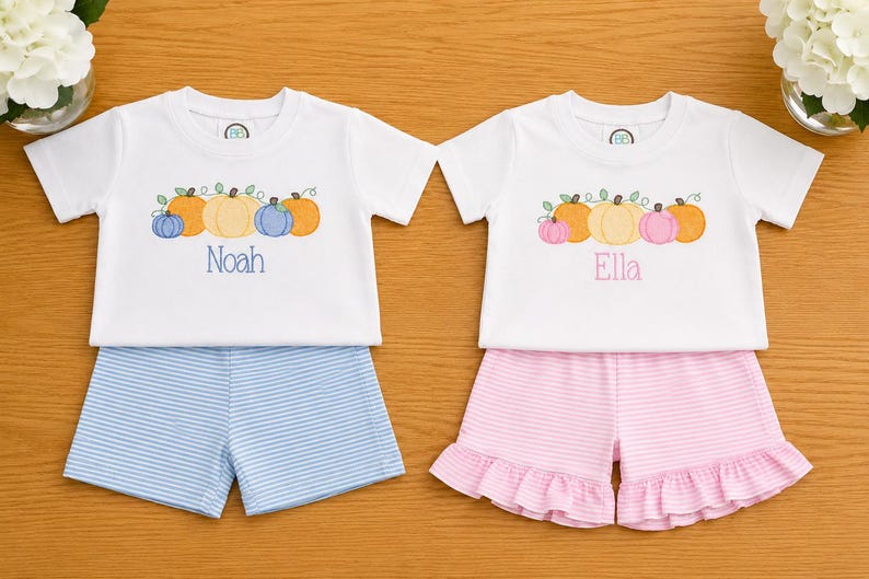 Boy and girl personalized pumpkin shirts with matching striped shorts