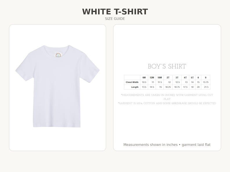 Shirt size guide, sizes 6M to 8, chest width and length in inches