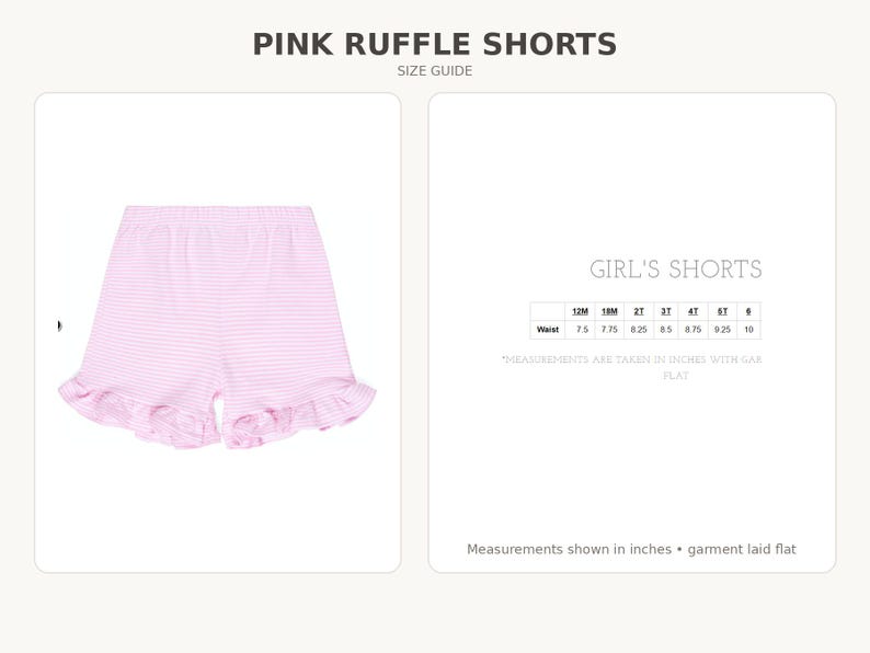 Pink ruffle shorts size guide, sizes 12M to 6