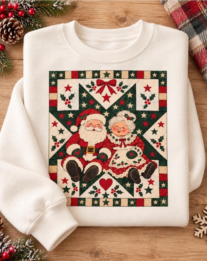 Vintage Santa and Mrs Claus quilt graphic Christmas crewneck
