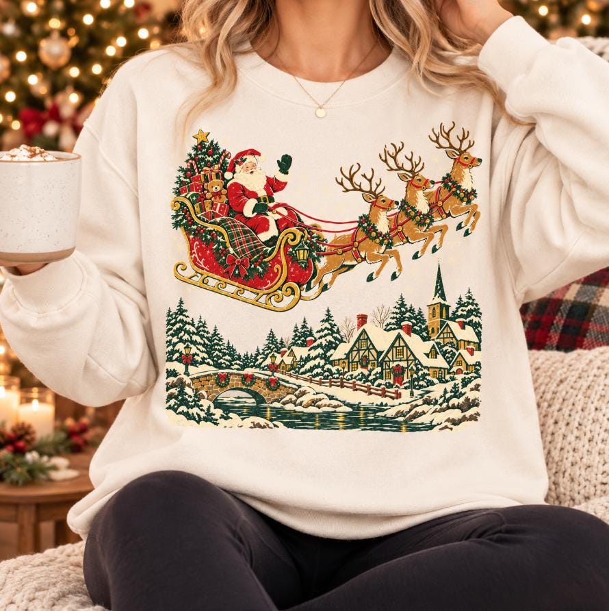 Vintage Santa sleigh winter village Christmas crewneck