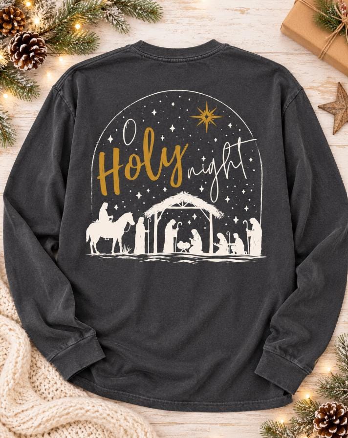 O Holy Night nativity back print long sleeve tee