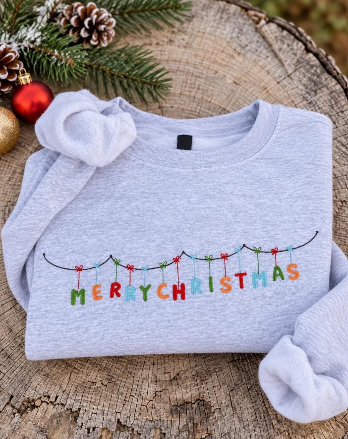 Colorful Merry Christmas hanging letters embroidered crewneck