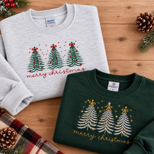 Three Christmas trees embroidered crewneck sweatshirt