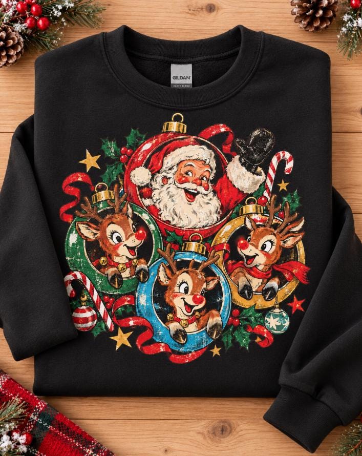Vintage Santa and reindeer ornament Christmas crewneck