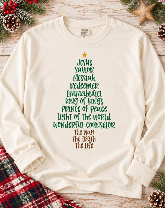 Names of Jesus Christmas tree long sleeve tee
