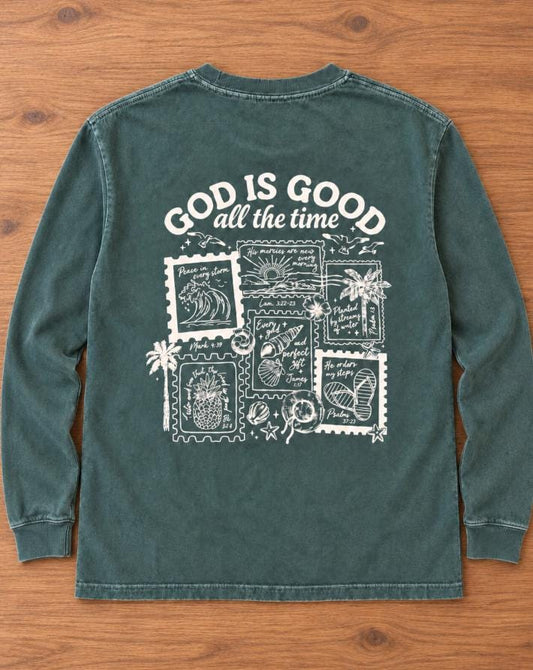 God Is Good All the Time Coastal Long Sleeve Shirt in Blue Spruce