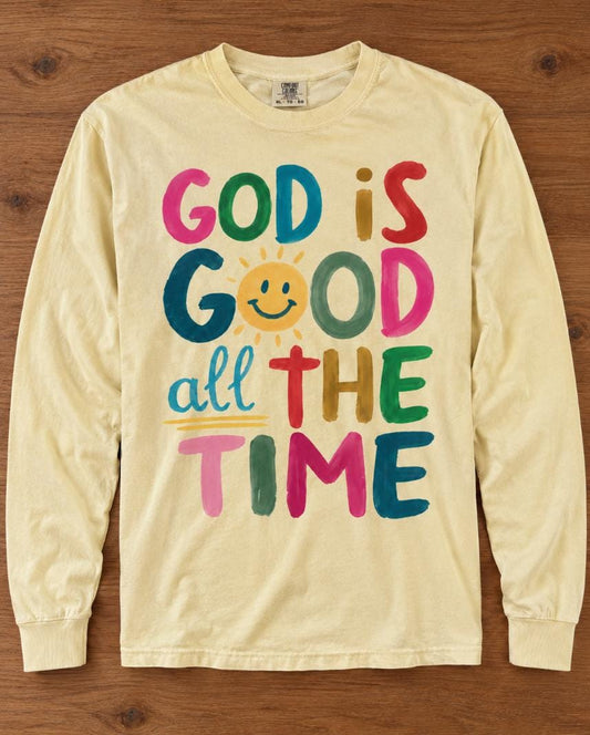God Is Good All the Time Smiley Sun Long Sleeve Shirt in Butter