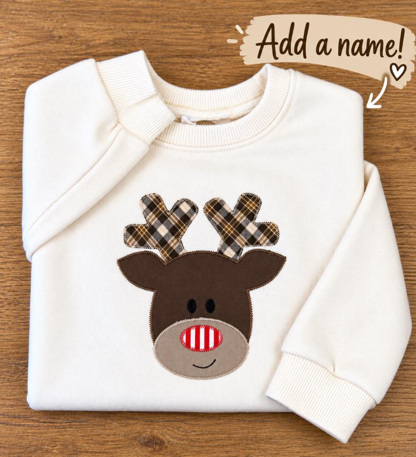 Toddler crewneck with a handmade plaid reindeer appliqué