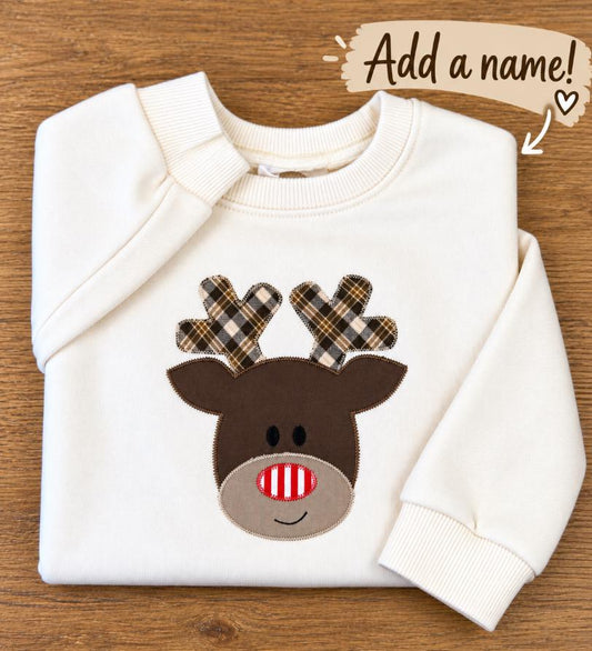 Toddler crewneck with a handmade plaid reindeer appliqué